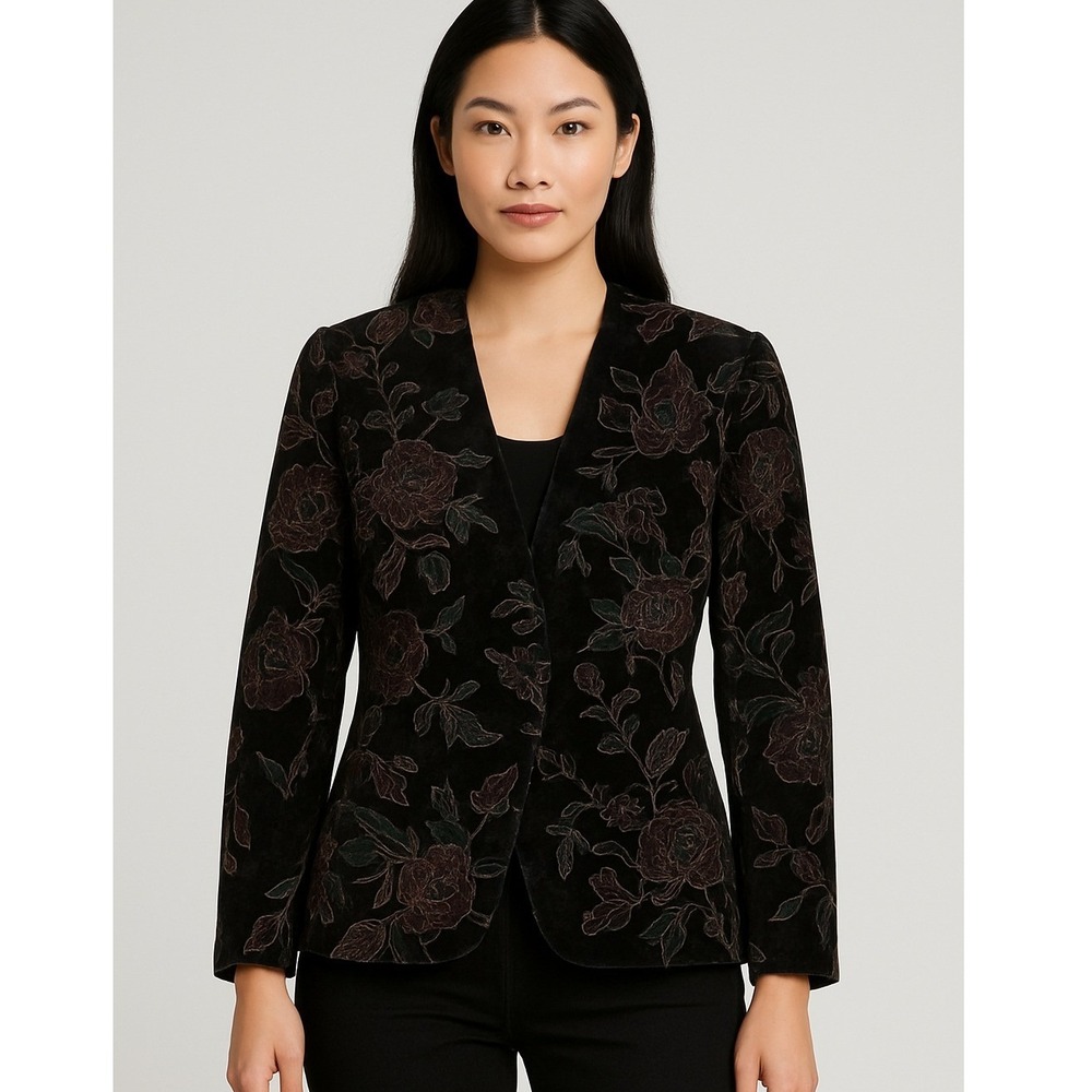 Vtg NORTON MCNAUGHTON Petites 10 Black Floral Velvet Blazer Jacket Embroidered‎